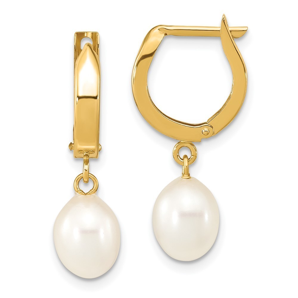 14k Yellow Gold 6-7mm Rice White FWC Pearl Hoop Dangle Earring 24.75 L